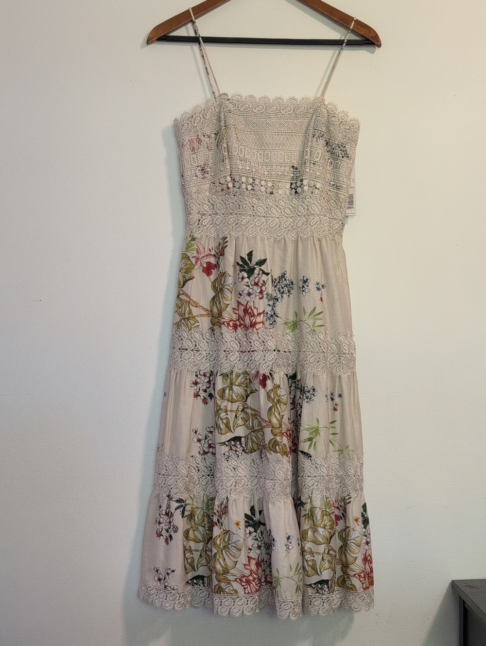 ANTONIO MELANI Beige Floral Lace-Trim Midi Dress